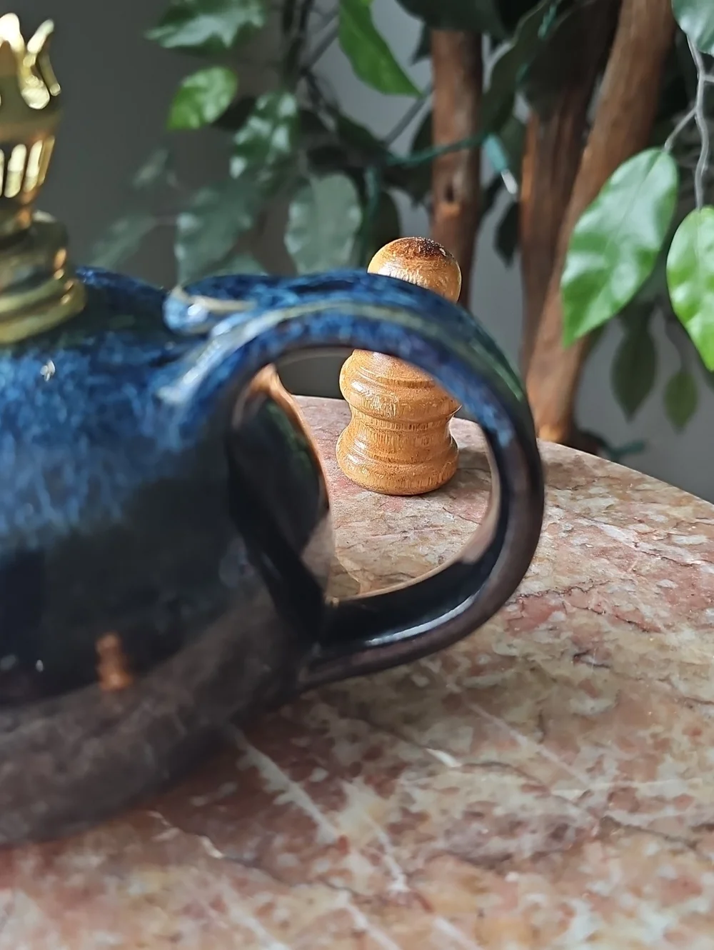 Vintage Blue Glazed Ceramic Oil Lamp with Glass Chimney